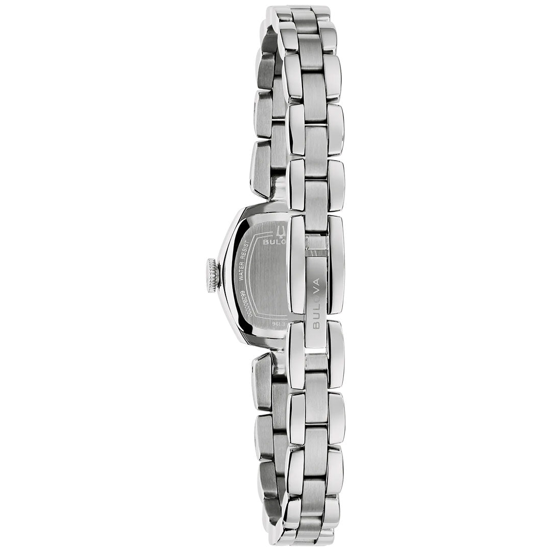 The Bulova Goddess of Time Jackie Quartz 18mm Watch, part of the Bulova women's collection, is shown from the back, displaying its silver-toned linked bracelet and clasp. The blue dial on the watch face is not visible in this view.