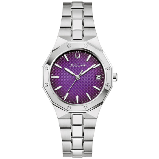 The Bulova Prestige Classic Quartz 32mm watch is an exquisite women's timepiece featuring a silver metallic strap, hexagonal bezel, vibrant purple ombre dial, white hour markers, and silver hands. "BULOVA" adorns the dial with a date display at 3 o'clock.