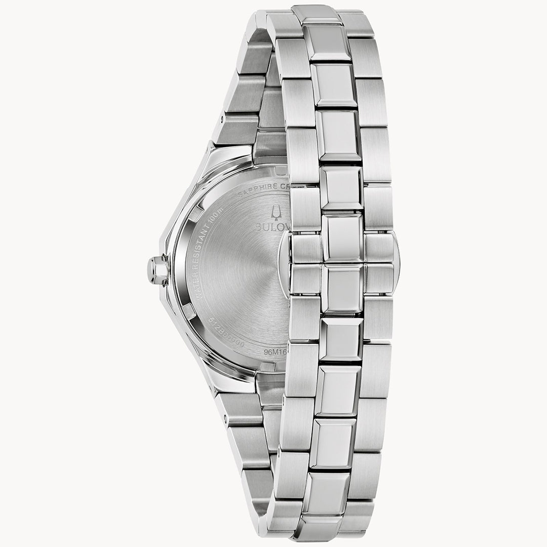 The image features the Bulova Prestige Classic Quartz 32mm Watch, a women's timepiece from Bulova. It boasts a sleek silver-tone stainless steel bracelet with polished design, highlighting engraved markings on the case back and clasp.