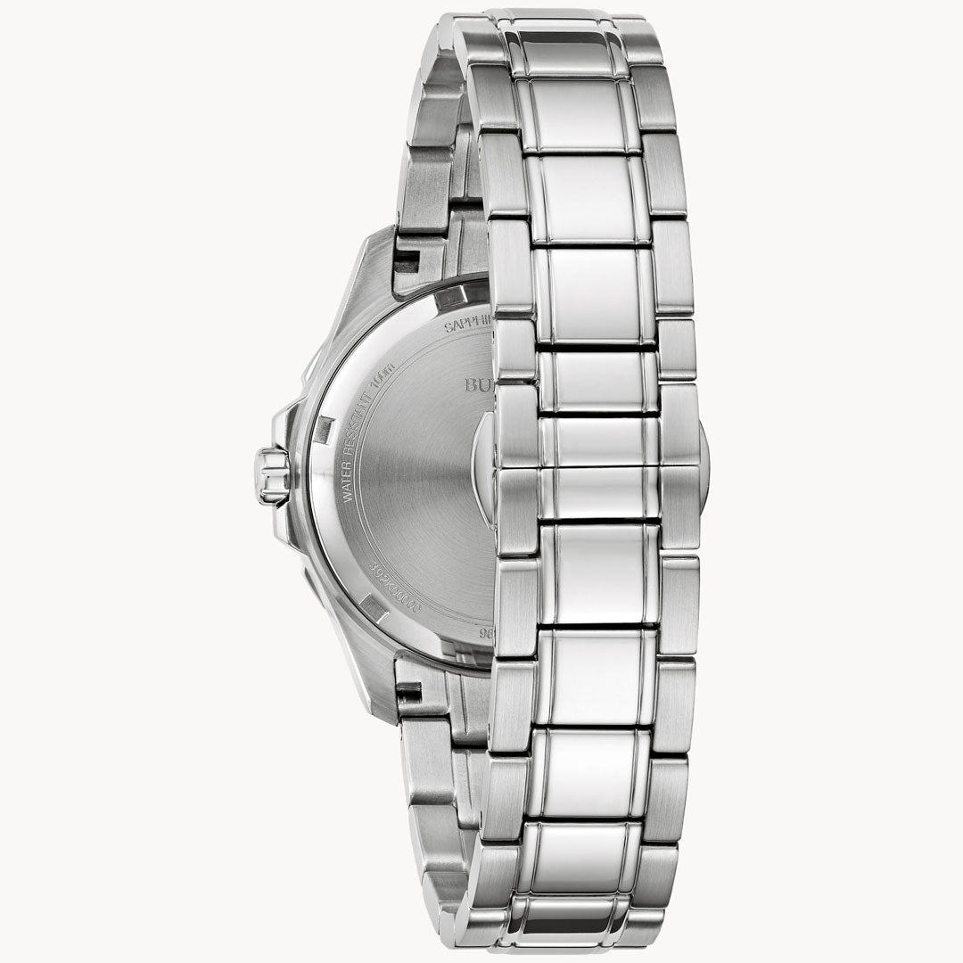 A ladies' Bulova Marine Star Quartz 36mm Watch, with a silver stainless steel wristband, is presented from the back to highlight its clasp and band links. The design combines polished and brushed metal elements for a sleek appearance characteristic of Bulova's iconic style. In this view, the watch face is not visible.