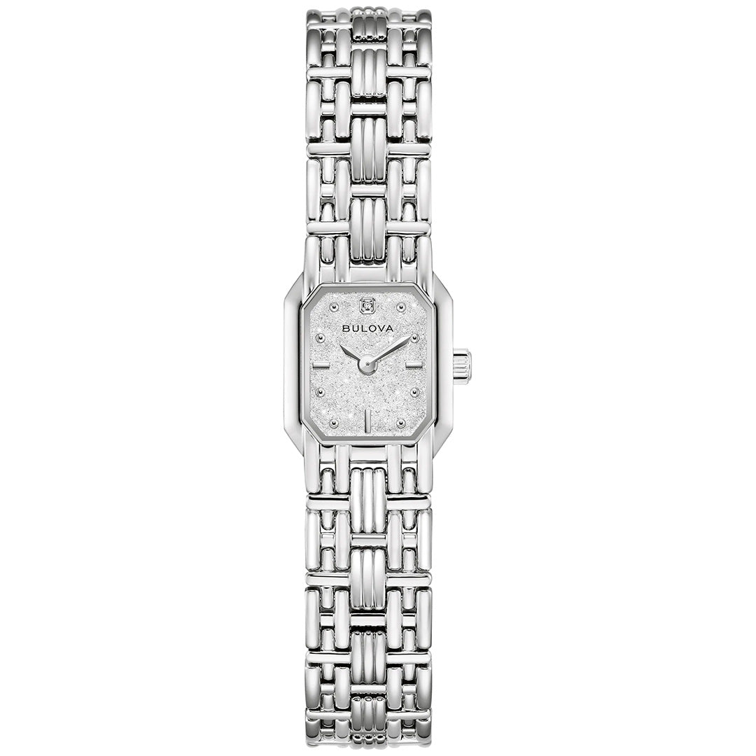 Introducing the Bulova Goddess of Time Sophia Quartz 16mm Watch—a silver women’s timepiece featuring a square face with minimalist hour markers and a linked metal bracelet. The watch face showcases a textured design adorned with two sparkling gemstones at the 12 o’clock position, capturing the refined allure of neo-vintage elegance.