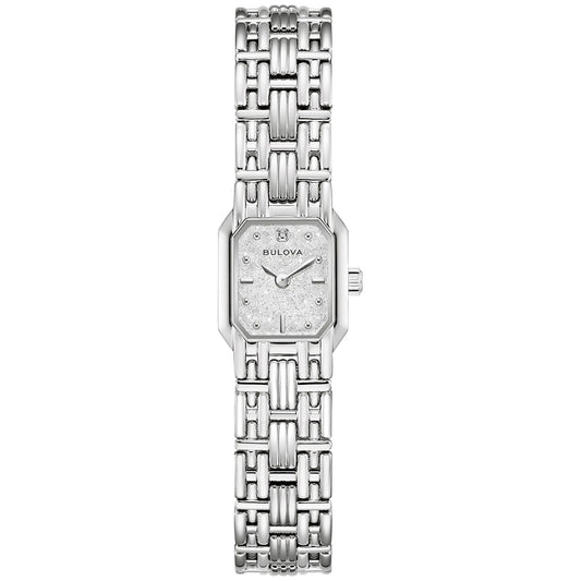 Introducing the Bulova Goddess of Time Sophia Quartz 16mm Watch—a silver women’s timepiece featuring a square face with minimalist hour markers and a linked metal bracelet. The watch face showcases a textured design adorned with two sparkling gemstones at the 12 o’clock position, capturing the refined allure of neo-vintage elegance.
