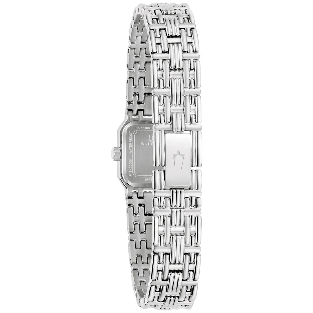 A silver Bulova Goddess of Time Sophia Quartz 16mm Watch for women featuring a rectangular face and an intricate woven metal bracelet, displayed from the back to showcase the clasp and case back details.