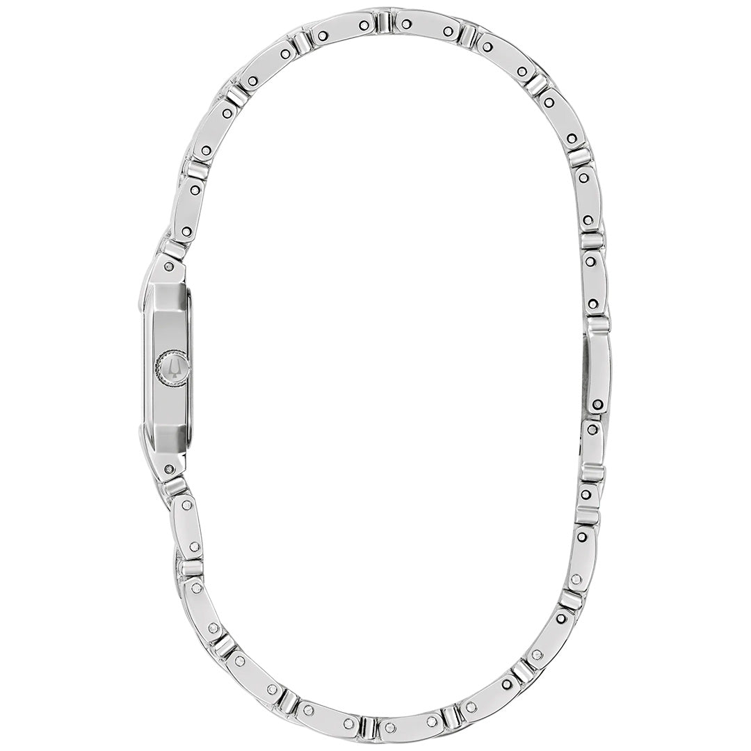 A side view of the Bulova Goddess of Time Sophia Quartz 16mm Watch highlights its slim silhouette and elegant silver-tone linked bracelet, arranged in an oval formation. The display focuses on the watch’s profile and crown, with the face remaining out of view.
