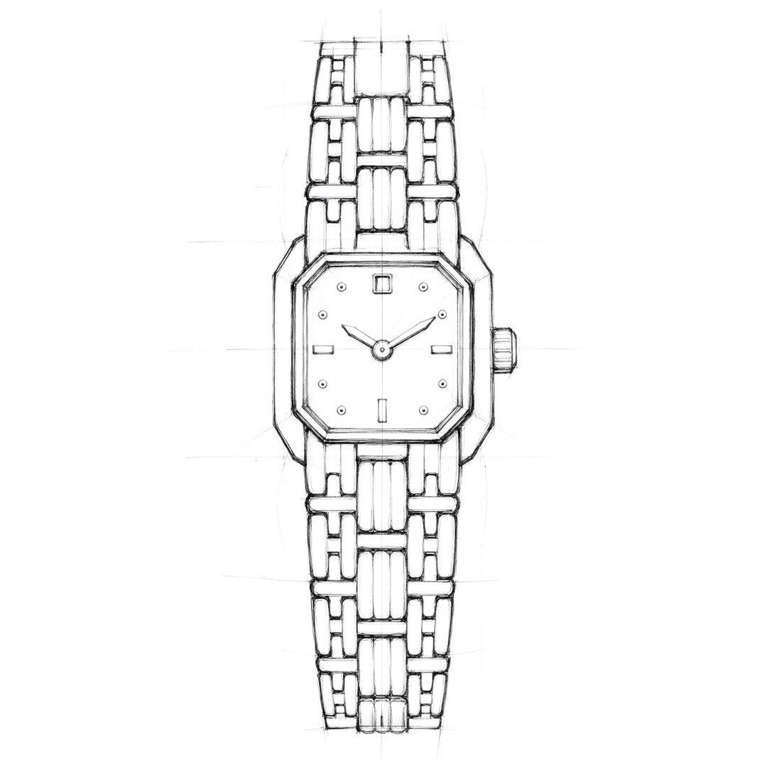 A detailed pencil sketch of the Bulova Goddess of Time Sophia Quartz 16mm Watch, featuring a neo-vintage geometric case, a simple face with minimal hour markers, and a metal link band. The watch hands display 10:10.
