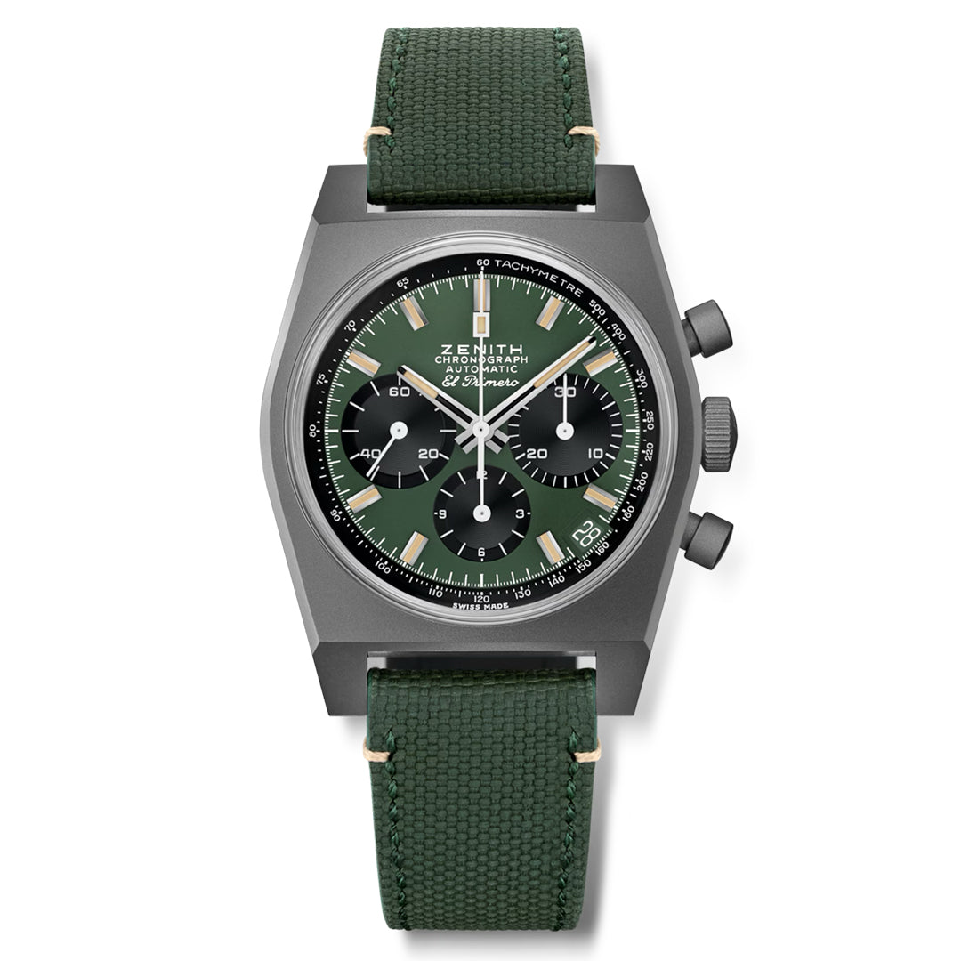 The ZENITH Chronomaster Revival El Primero 400 features a dark green dial with three sub-dials, a date window at 6 o'clock, and silver hour markers. It includes a sleek gray titanium tonneau case with two pushers and a crown, paired with a green fabric strap.