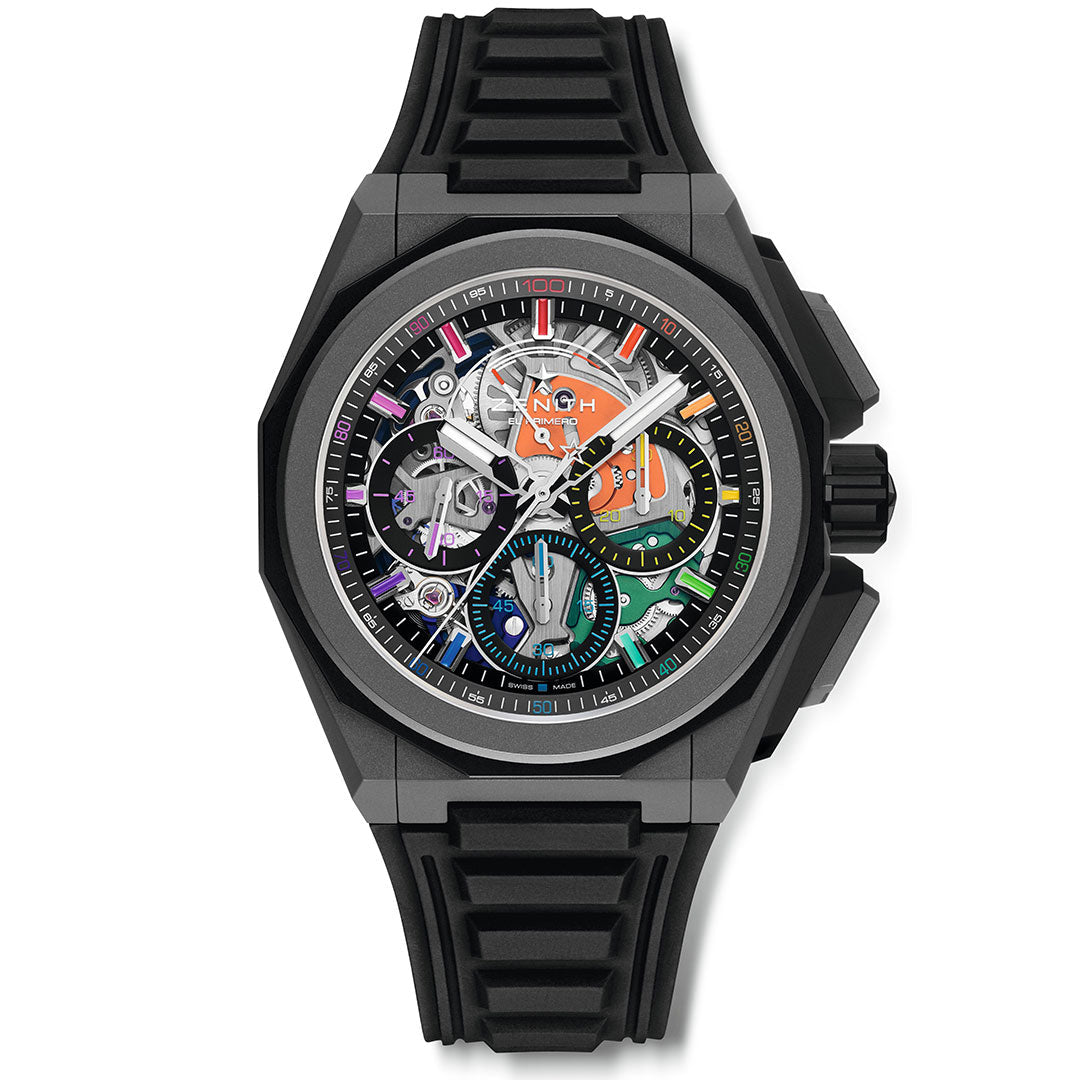 The Zenith Defy Extreme Chroma Black El Primero 9004 is a modern 45mm limited-edition watch with a black case and strap, showcasing a colorful skeletonized dial that reveals its vibrant inner gears and mechanisms. Limited to 100 pieces.
