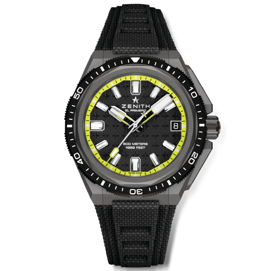 The ZENITH Defy Extreme Diver El Primero 3620 43mm Watch features a black strap, black dial with white markers, yellow accents, and a date window at 3 o’clock. Water resistant to 600m, it’s perfect for saturation diving.