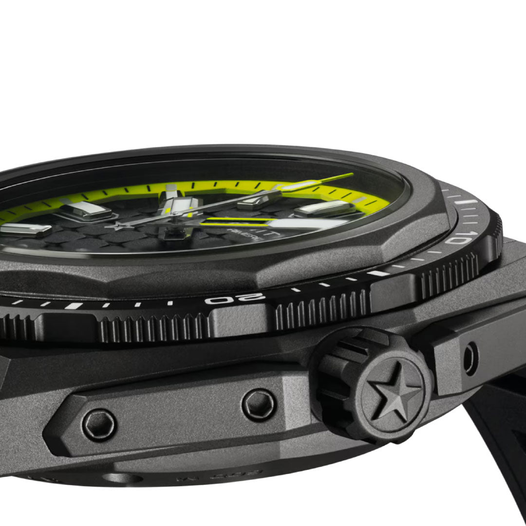 Side view of the Zenith Defy Extreme Diver El Primero 3620 43mm watch: black textured case with visible screws, yellow accents on the dial, star-shaped crown, and bold hands and markers—engineered by Zenith for saturation diving.