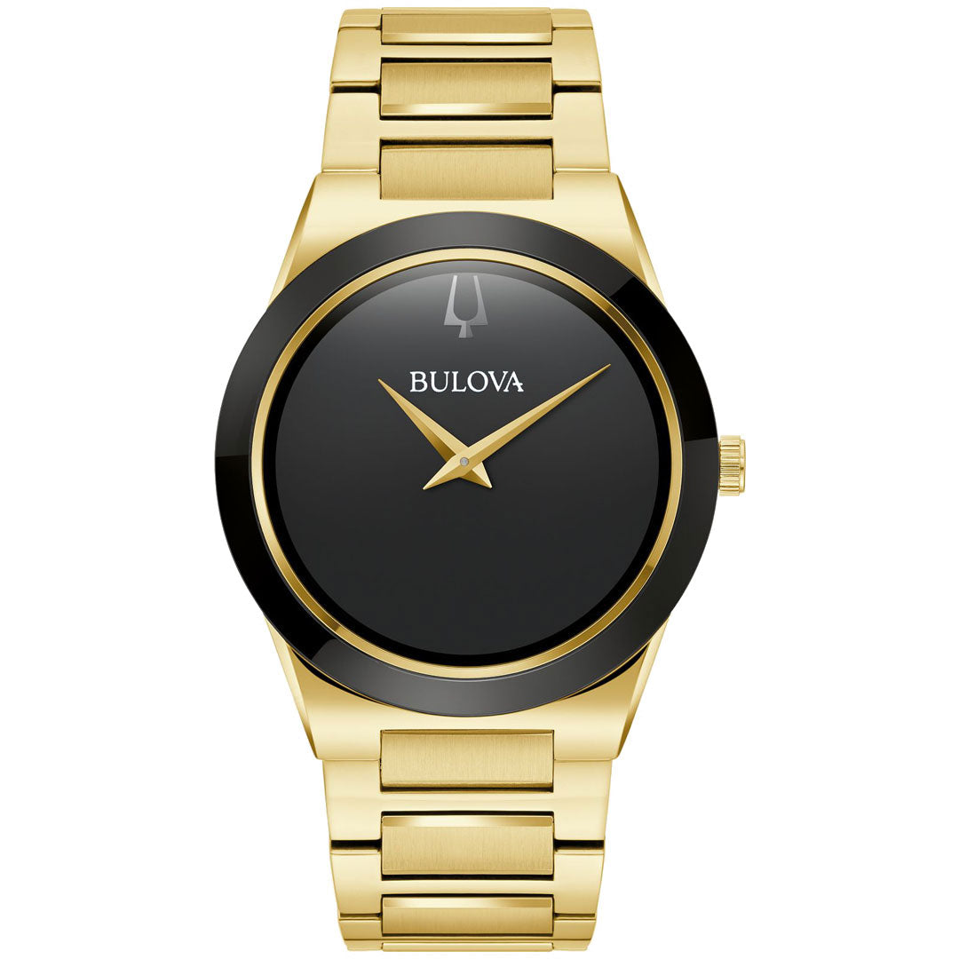 The Bulova Millennia Quartz 41mm Watch is an elegant men's timepiece that features a modern design with its black face and gold-tone stainless steel hands. Its matching gold band enhances the sleek aesthetic, with the "Bulova" brand name prominently displayed on its face.