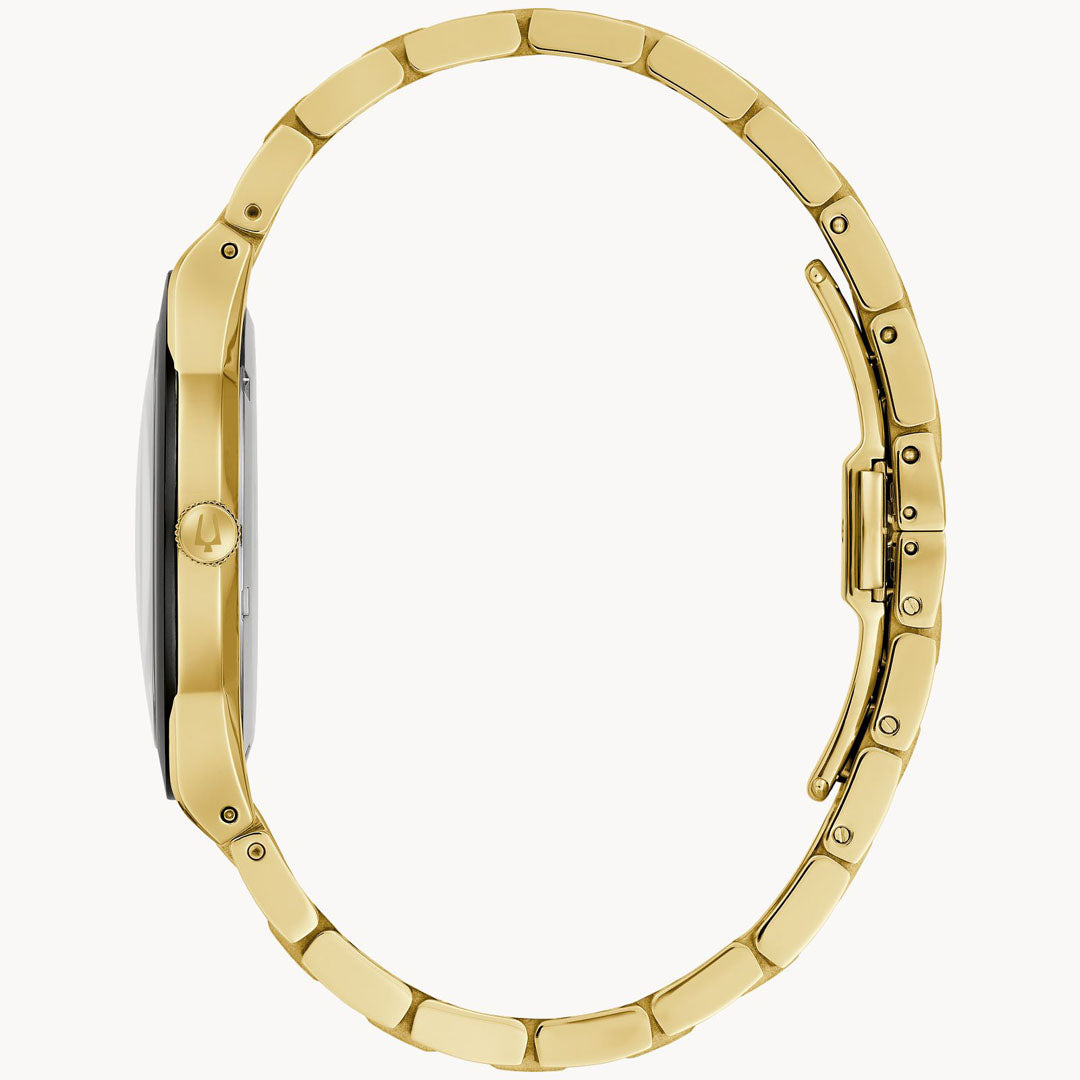 Side view of the Bulova Millennia Quartz 41mm Watch, showcasing a sleek, round face and linked bracelet. The gold-tone stainless steel design embodies modern aesthetics with minimalistic elegance and a clean style.