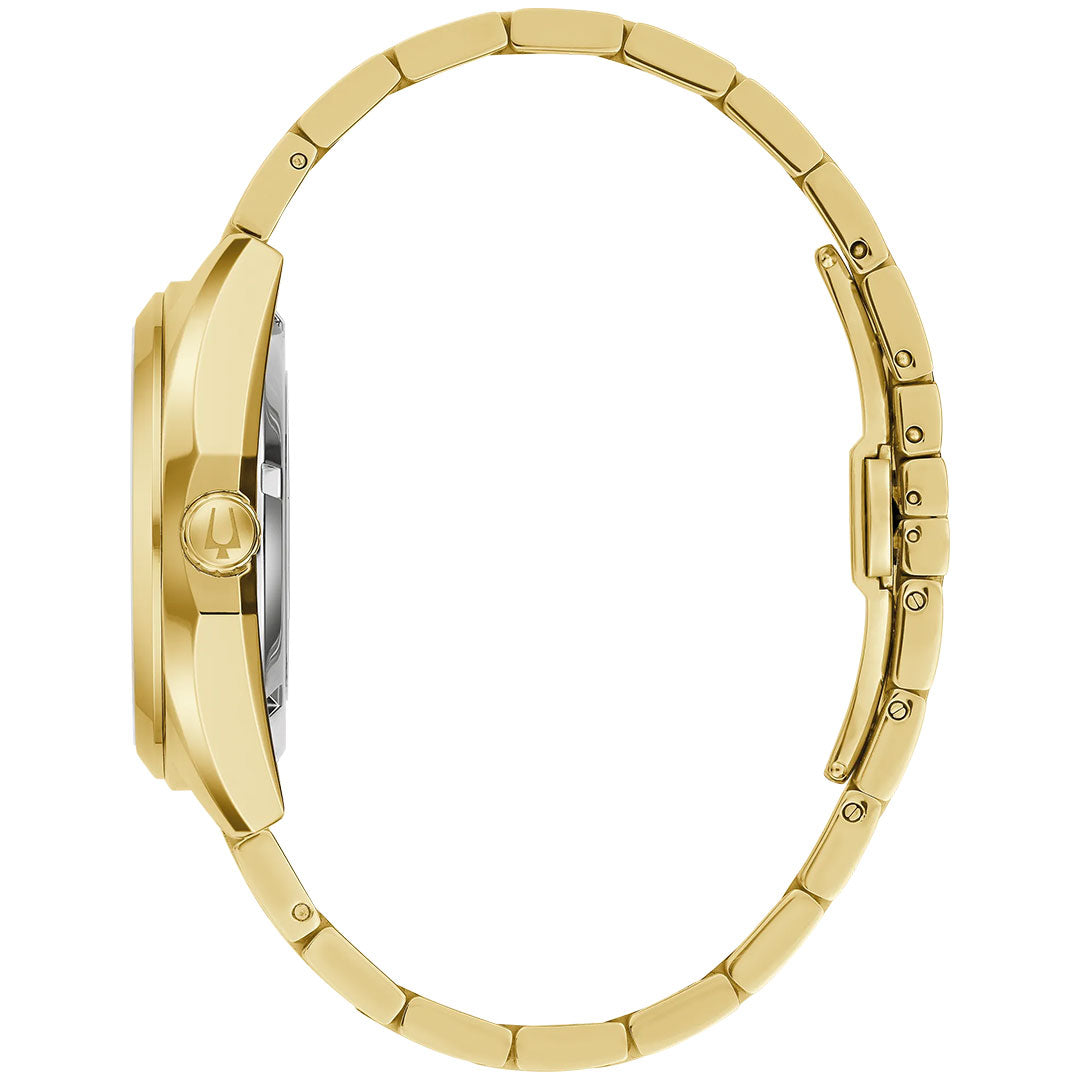 Side view of the Bulova Surveyor Automatic 39mm Watch by Bulova, featuring a gold metal link band and round case with visible crown and clasp, set against a plain white background.