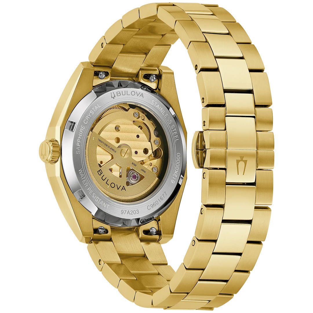The Bulova Surveyor Automatic 39mm Watch displays its elegant back case and exposed automatic movement, complemented by a stainless steel gold bracelet with the Bulova logo on the clasp—a classic showcase of the refined craftsmanship that defines Bulova men’s watches.