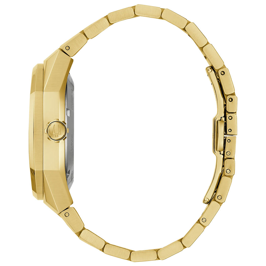 Side view of the Bulova Surveyor Marc Anthony Automatic 40.5mm Watch featuring a gold-tone stainless steel link band, round crown, and slim profile that highlights its automatic movement and clasp design.