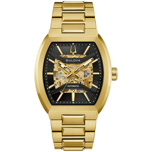 The Bulova Maquina Automatic 40mm Watch features a gold-tone stainless steel case and bracelet, with a black and gold skeleton dial revealing internal gears and gold hour markers for a striking men’s style.