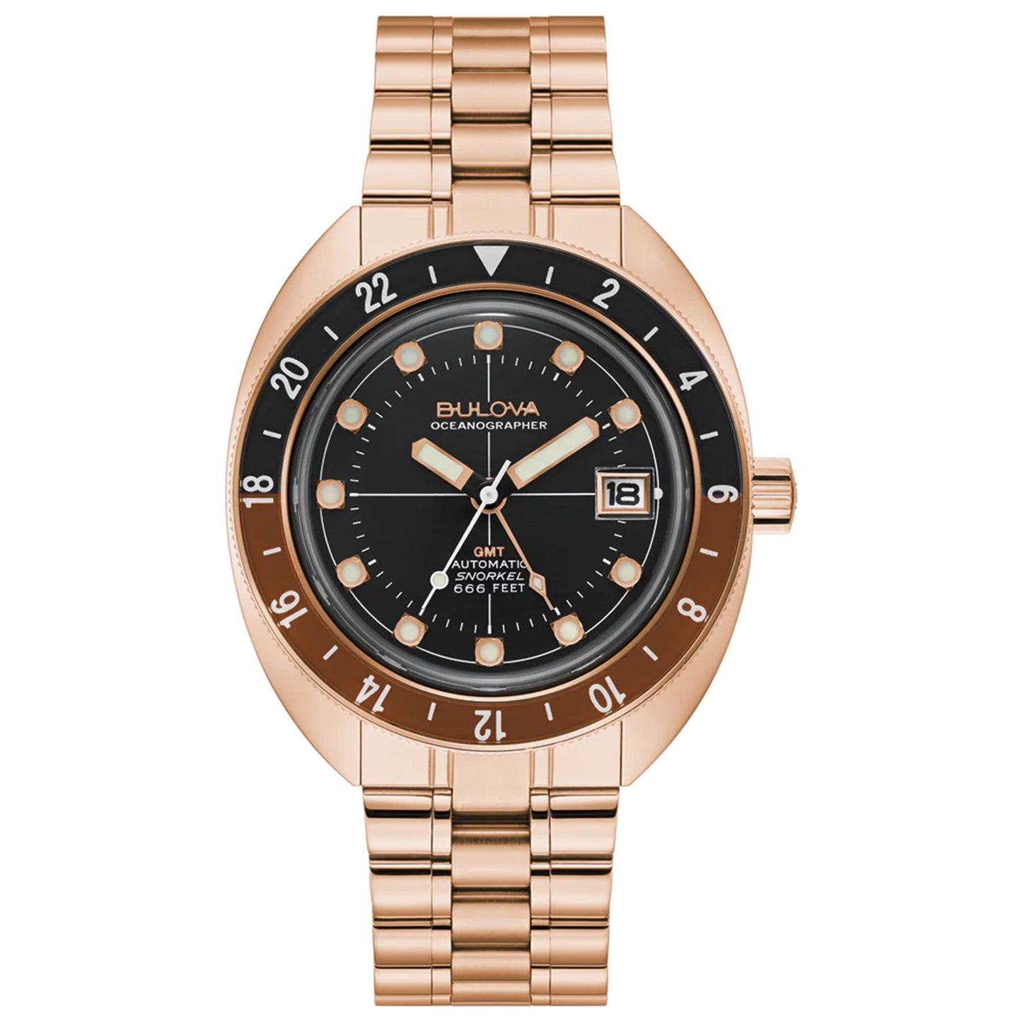 The Bulova Oceanographer Automatic GMT 41mm Watch showcases a gold metal wristwatch with a black dial, rose gold-tone hour markers, and self-winding GMT movement. It includes a date window at the 3 o'clock position and is equipped with a rotating 24-hour bezel in shades of brown and black, paired beautifully with its stainless steel bracelet.