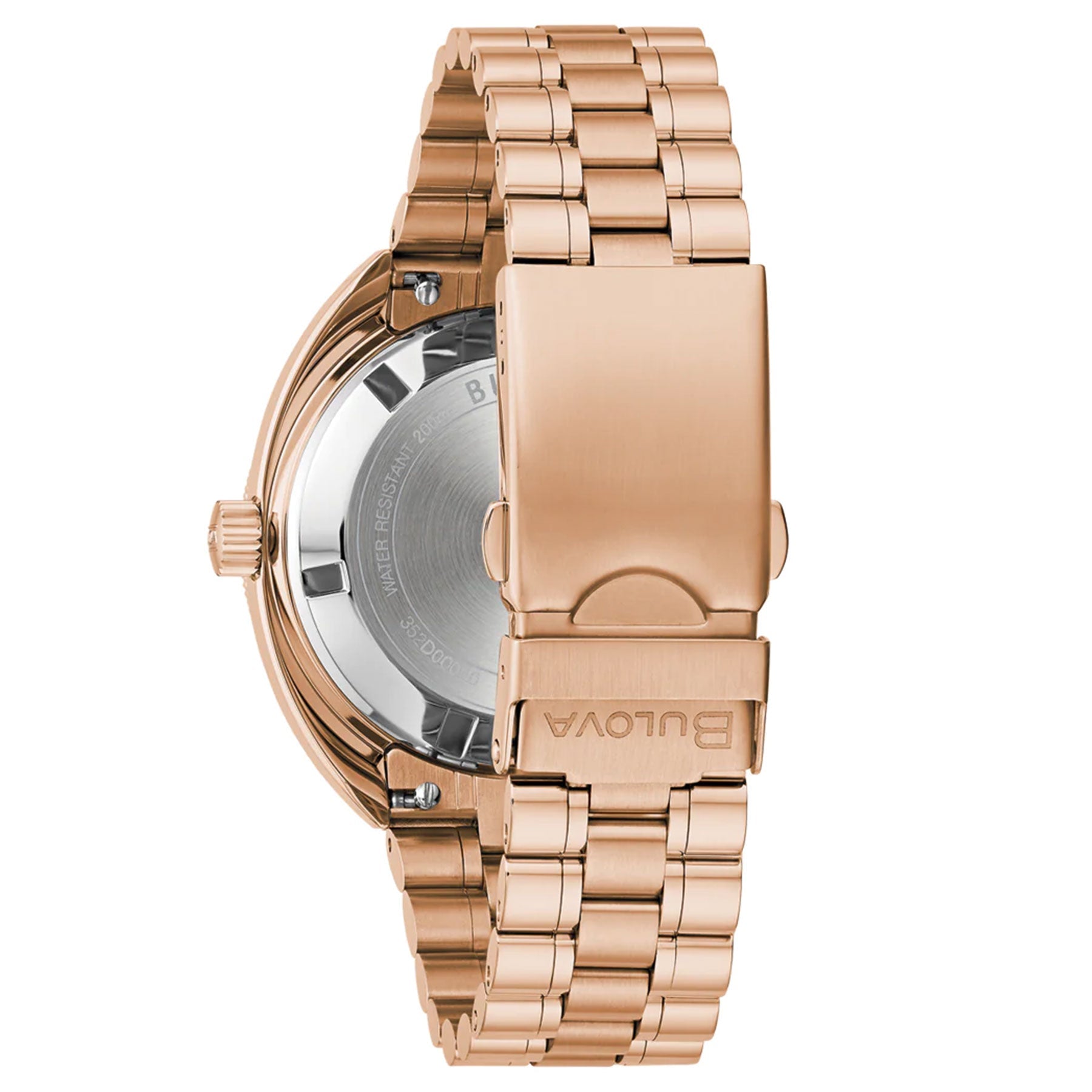 A Bulova Oceanographer Automatic GMT 41mm Watch featuring a rose gold-tone, intricately designed link bracelet, with a clasp engraved with the brand name "Bulova." The back metal casing is on display, highlighting the self-winding GMT movement crown, while the polished bracelet links shimmer elegantly.