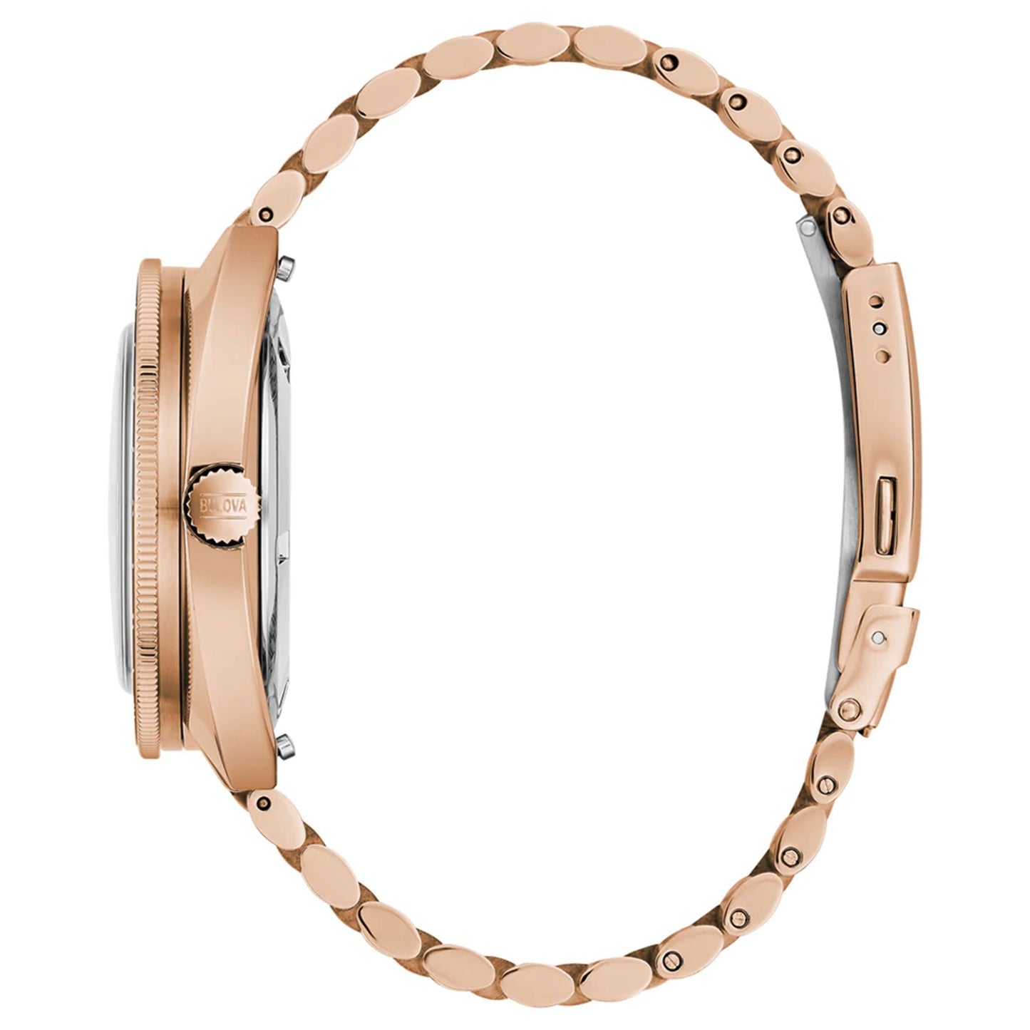 The side view of a Bulova Oceanographer Automatic GMT 41mm Watch showcases its rose gold-tone chain-link bracelet. With a round face and visible crown, the watch's automatic GMT movement combines elegance with functionality. The clasp and links contrast beautifully against a pristine white background.