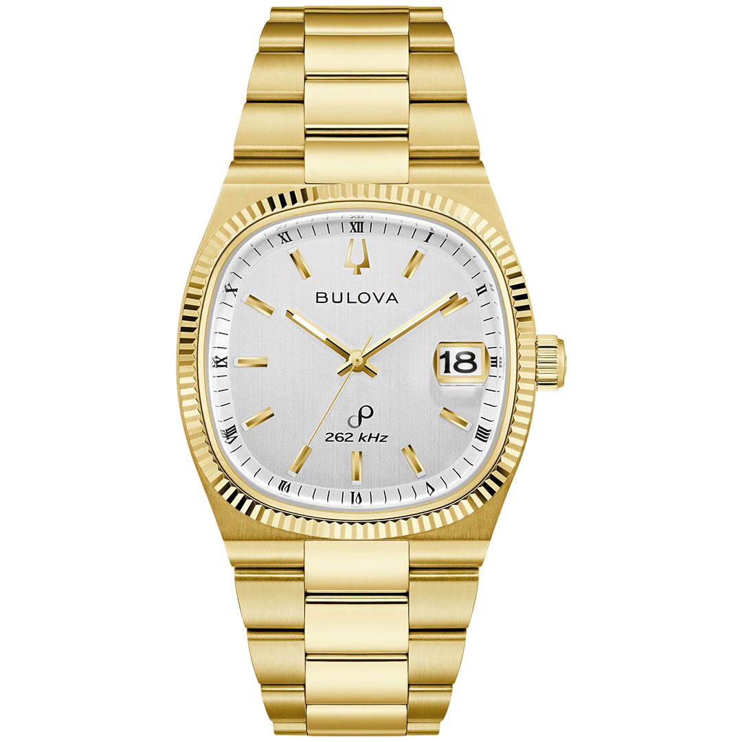 The Bulova Super Seville HPQ Precisionist Quartz 37.5mm watch features a gold-tone stainless steel construction, a white face with "Bulova" branding, "262 kHz" text, and a tuning fork symbol. It has an analog display with gold markers and hands, Precisionist technology, date window at 3 o'clock, and a gold link bracelet.