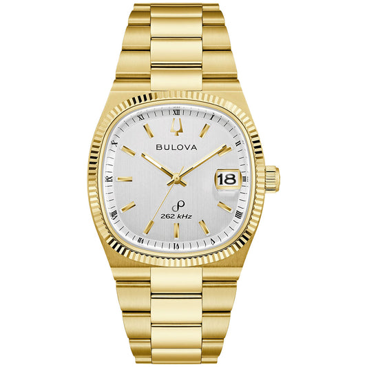 The Bulova Super Seville HPQ Precisionist Quartz 37.5mm watch features a gold-tone stainless steel construction, a white face with "Bulova" branding, "262 kHz" text, and a tuning fork symbol. It has an analog display with gold markers and hands, Precisionist technology, date window at 3 o'clock, and a gold link bracelet.