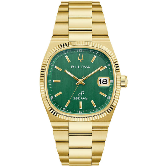 The Bulova Super Seville HPQ Precisionist Quartz 37.5mm Watch features a green dial, gold hour markers and hands, “262 kHz” text, date window at 3 o’clock, gold-tone case, and metallic link bracelet.