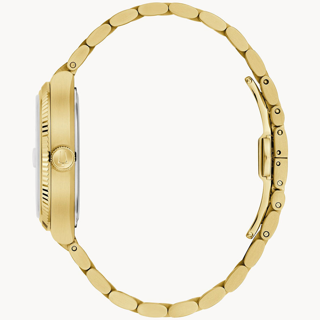 Side view of the Bulova Super Seville HPQ Precisionist Quartz 37.5mm men’s watch, showing its gold-tone linked band, round case, ridged crown, and deployment clasp against a plain white background.