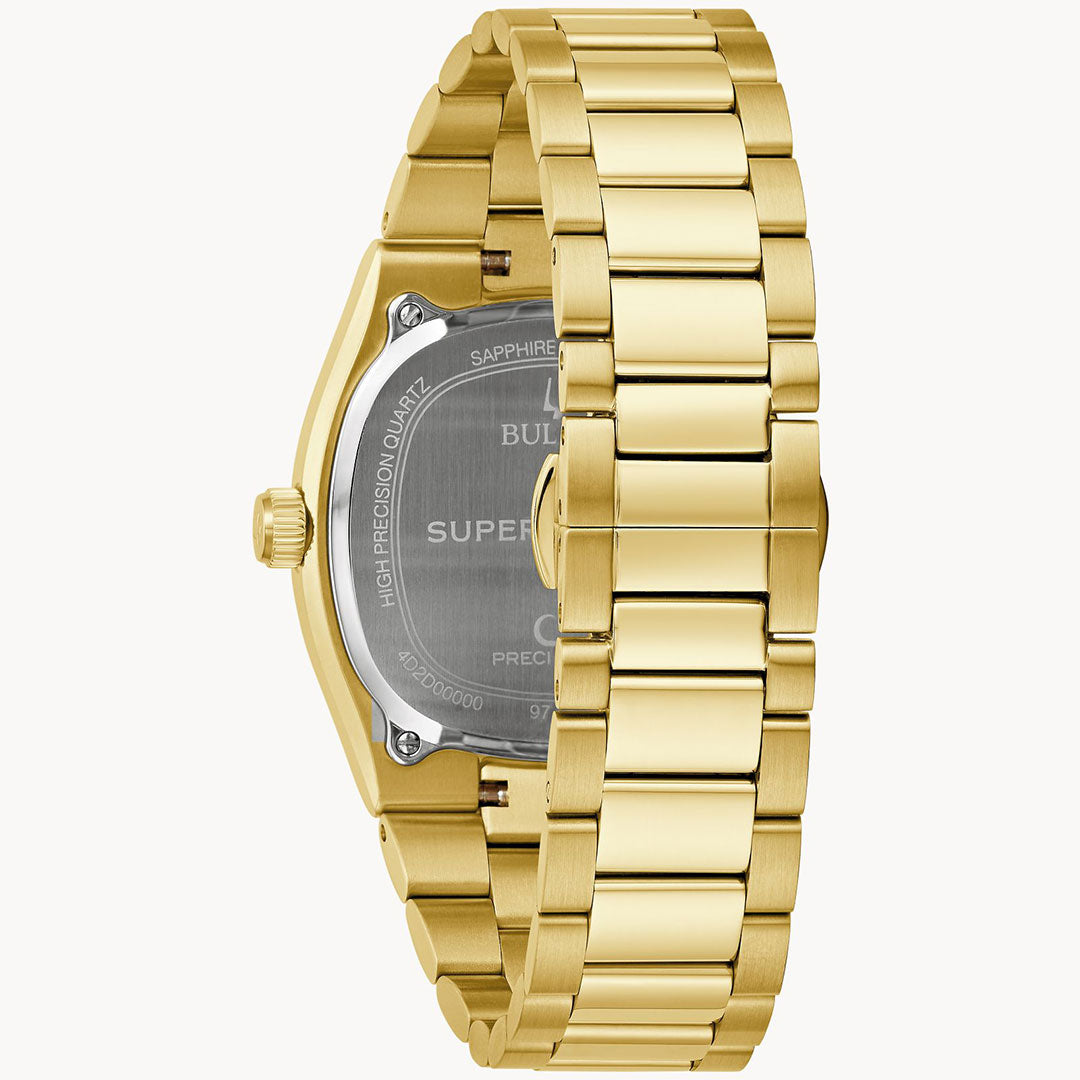 Back view of the Bulova Super Seville HPQ Precisionist Quartz 37.5mm Watch with a gold-tone linked bracelet, stainless steel branded case back with specs, and housing a Precisionist movement.