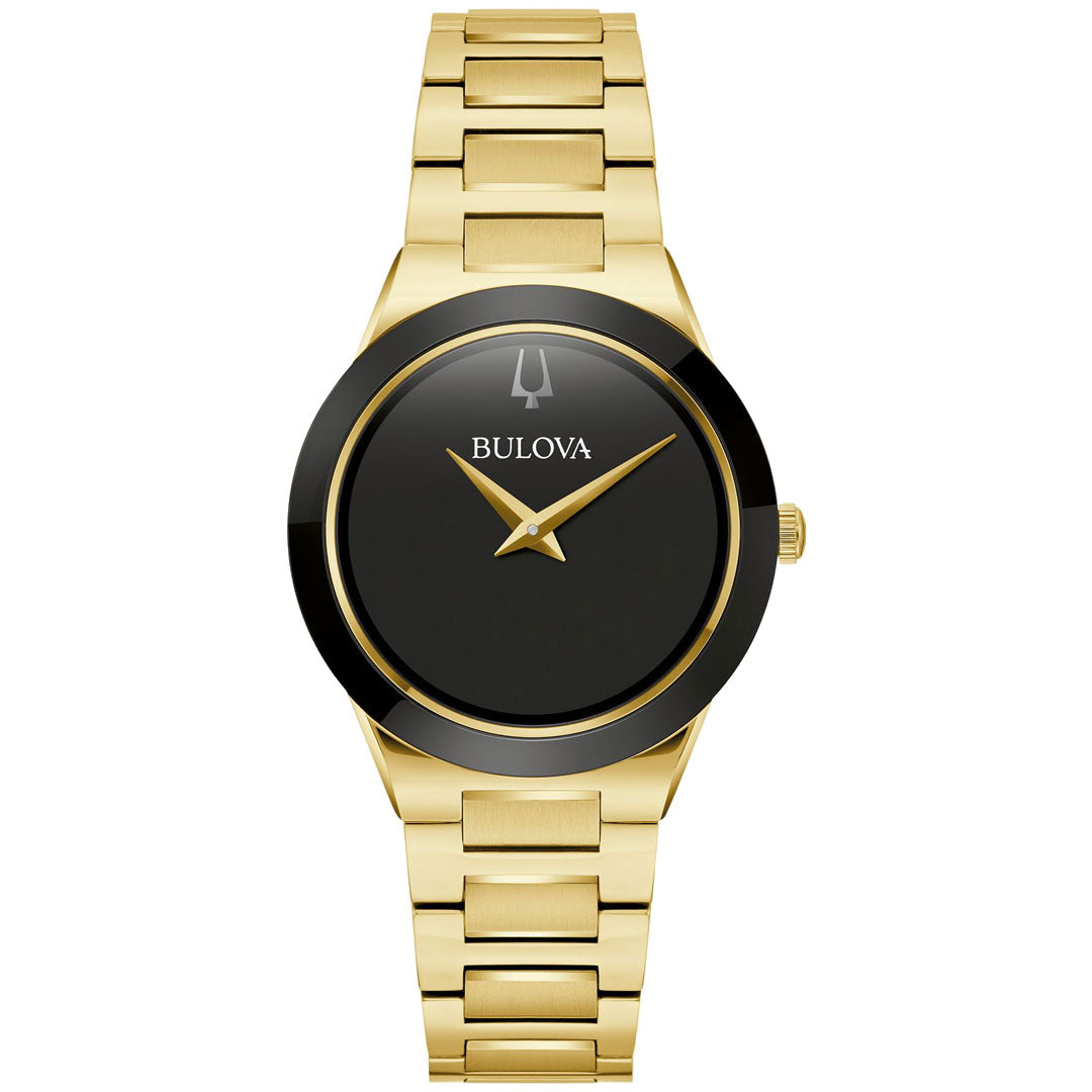 The Bulova Millennia Quartz 32mm Watch for ladies is a breathtaking combination of contemporary design and sophistication. It showcases a gold-tone stainless steel wristwatch with a black face, minimalist details, elegant gold hour and minute hands, a smooth bezel, and a polished gold link bracelet. The brand "Bulova" is proudly displayed on the watch face.