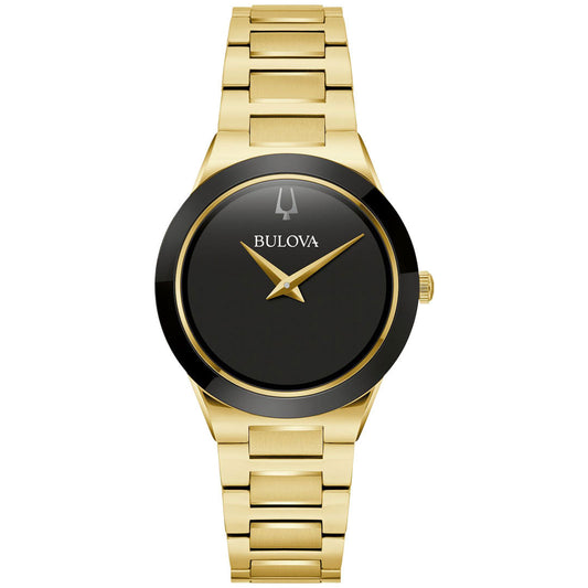 The Bulova Millennia Quartz 32mm Watch for ladies is a breathtaking combination of contemporary design and sophistication. It showcases a gold-tone stainless steel wristwatch with a black face, minimalist details, elegant gold hour and minute hands, a smooth bezel, and a polished gold link bracelet. The brand "Bulova" is proudly displayed on the watch face.