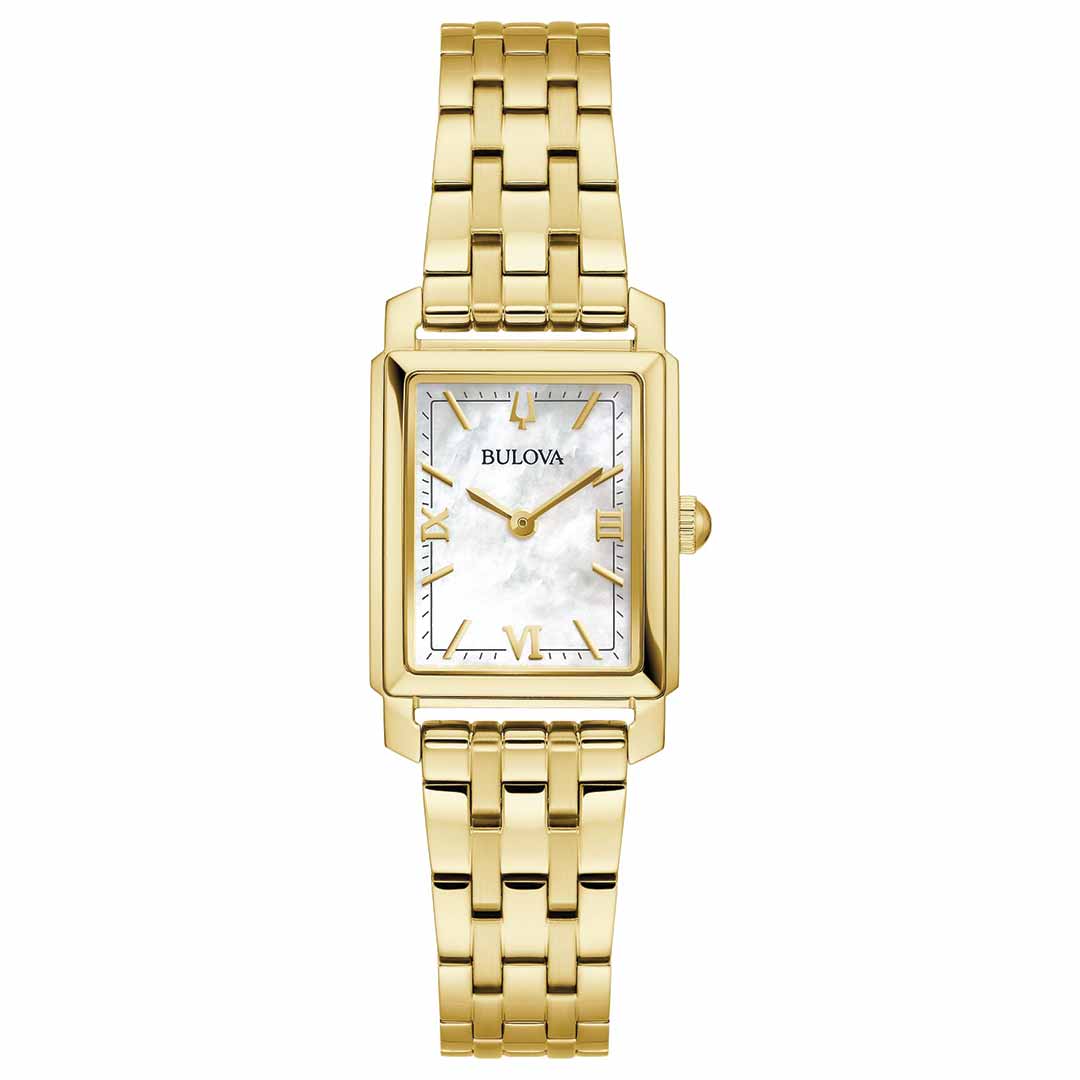 The Bulova Sutton Quartz 21mm Watch for women features a mother-of-pearl dial adorned with gold hour markers on its rectangular face. Its elegant design is enhanced by a gold-tone stainless steel link bracelet and a fold-over clasp.