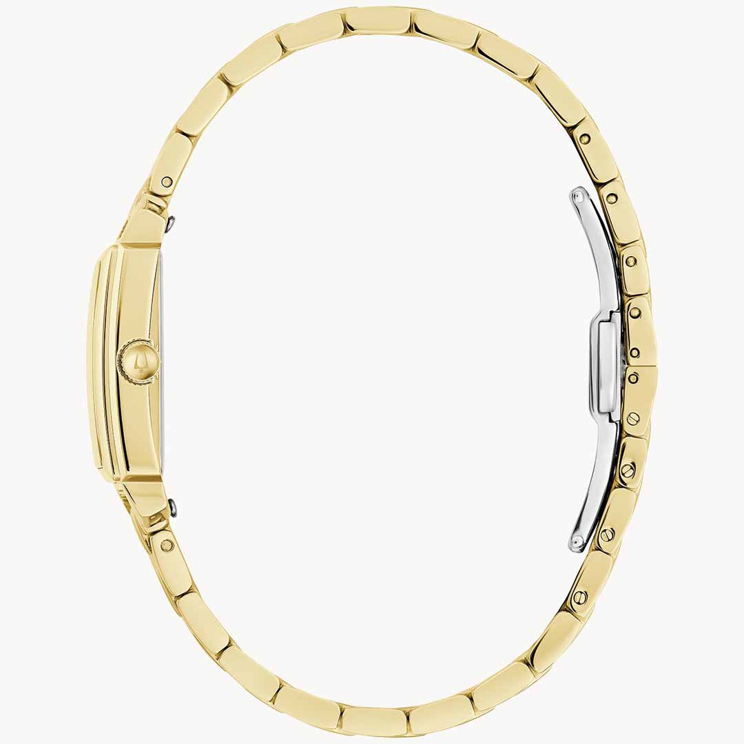 Side view of the Bulova Sutton Quartz 21mm women's watch on a white background. This gold-tone stainless steel timepiece features a chic, linked bracelet, a rectangular case, and a small crown. Its minimalist design is complemented by an elegant mother-of-pearl dial.