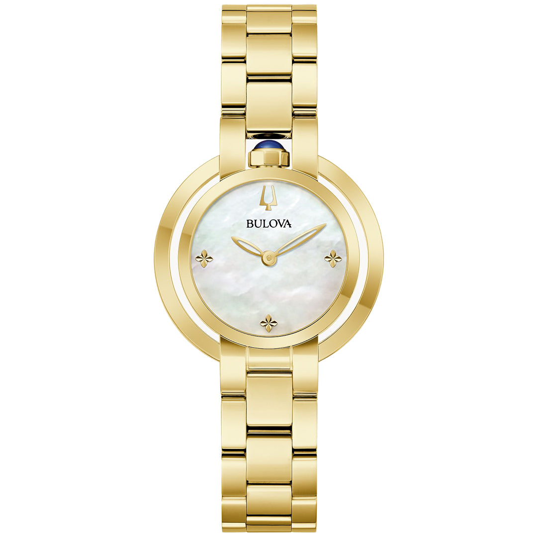 Part of Bulova's Rubaiyat Collection, this Quartz 30.5mm women's watch features a gold-tone stainless steel case and bracelet. Its mother-of-pearl dial is highlighted by four diamond markers, the Bulova brand name, and sleek black hour and minute hands.