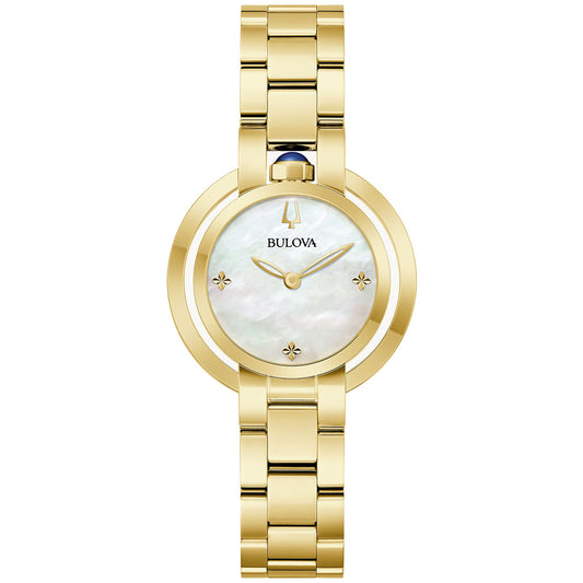 Part of Bulova's Rubaiyat Collection, this Quartz 30.5mm women's watch features a gold-tone stainless steel case and bracelet. Its mother-of-pearl dial is highlighted by four diamond markers, the Bulova brand name, and sleek black hour and minute hands.