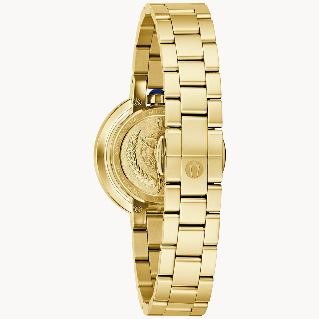 The Bulova Rubaiyat Quartz 30.5mm Watch features a polished metal bracelet with a gold-tone stainless steel case, an engraved laurel wreath when viewed from the side, and intricate back details.