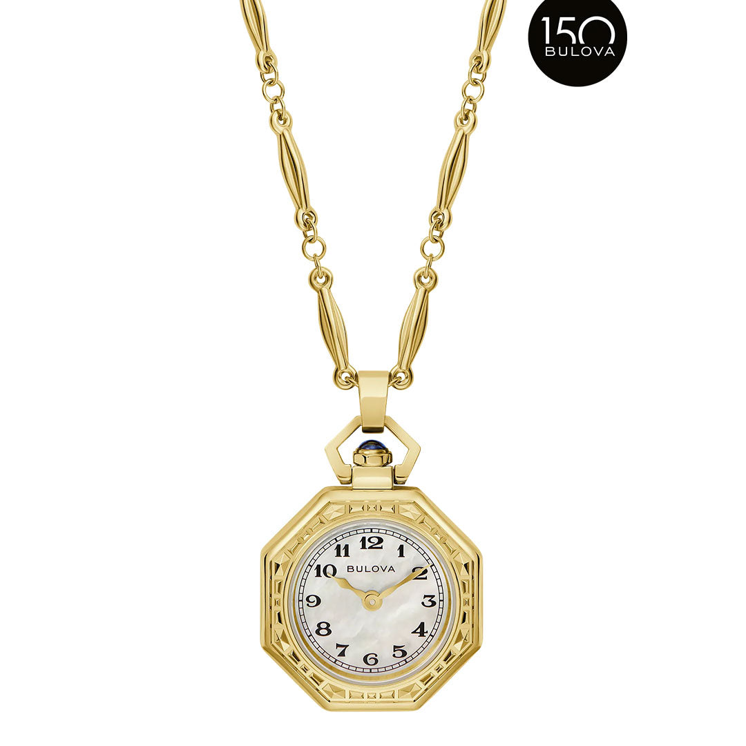 The Bulova 150th Anniversary Rubaiyat Quartz Necklace Pendant Watch features a gold-tone octagonal 25.5mm case, white dial with black numerals, ornate gold hands, and decorative chain. Limited edition with special anniversary logo.
