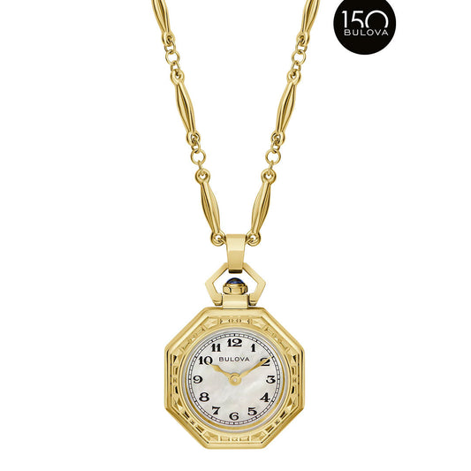The Bulova 150th Anniversary Rubaiyat Quartz Necklace Pendant Watch features a gold-tone octagonal 25.5mm case, white dial with black numerals, ornate gold hands, and decorative chain. Limited edition with special anniversary logo.