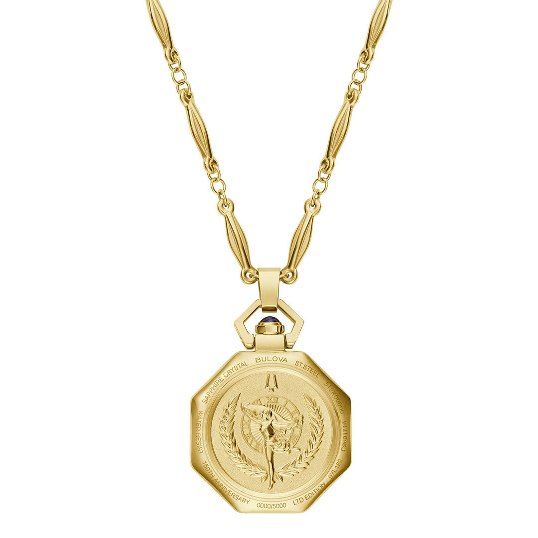 The Bulova 150th Anniversary Rubaiyat Quartz Necklace Pendant 25.5mm Watch features a gold octagonal design inspired by Art Deco, engraved with a winged figure, laurel branches, and border text on a decorative gold chain.