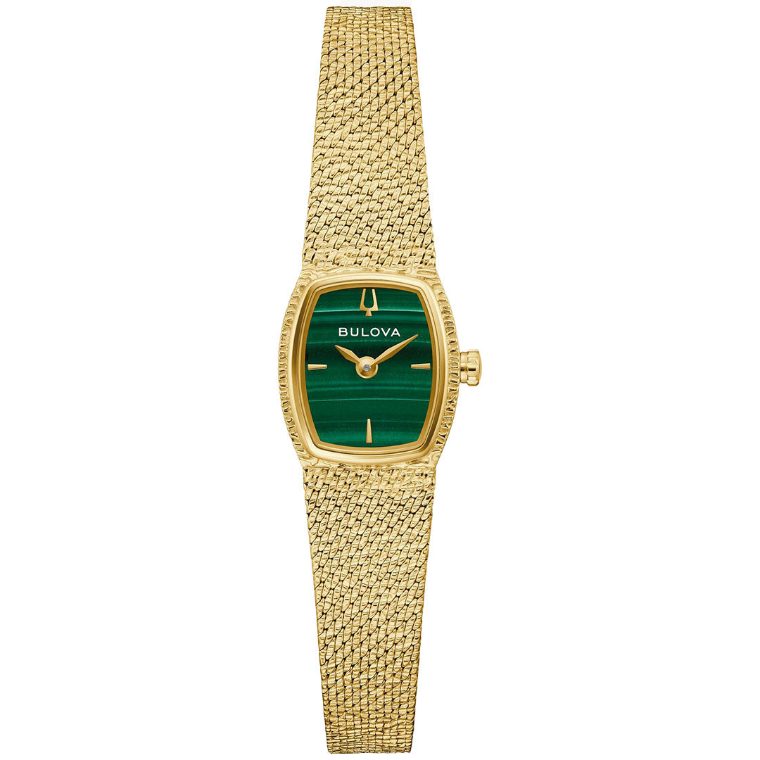 This vintage Bulova Goddess of Time Quartz 17mm women's watch features a textured metal band and a green rectangular face with gold hour markers and hands.