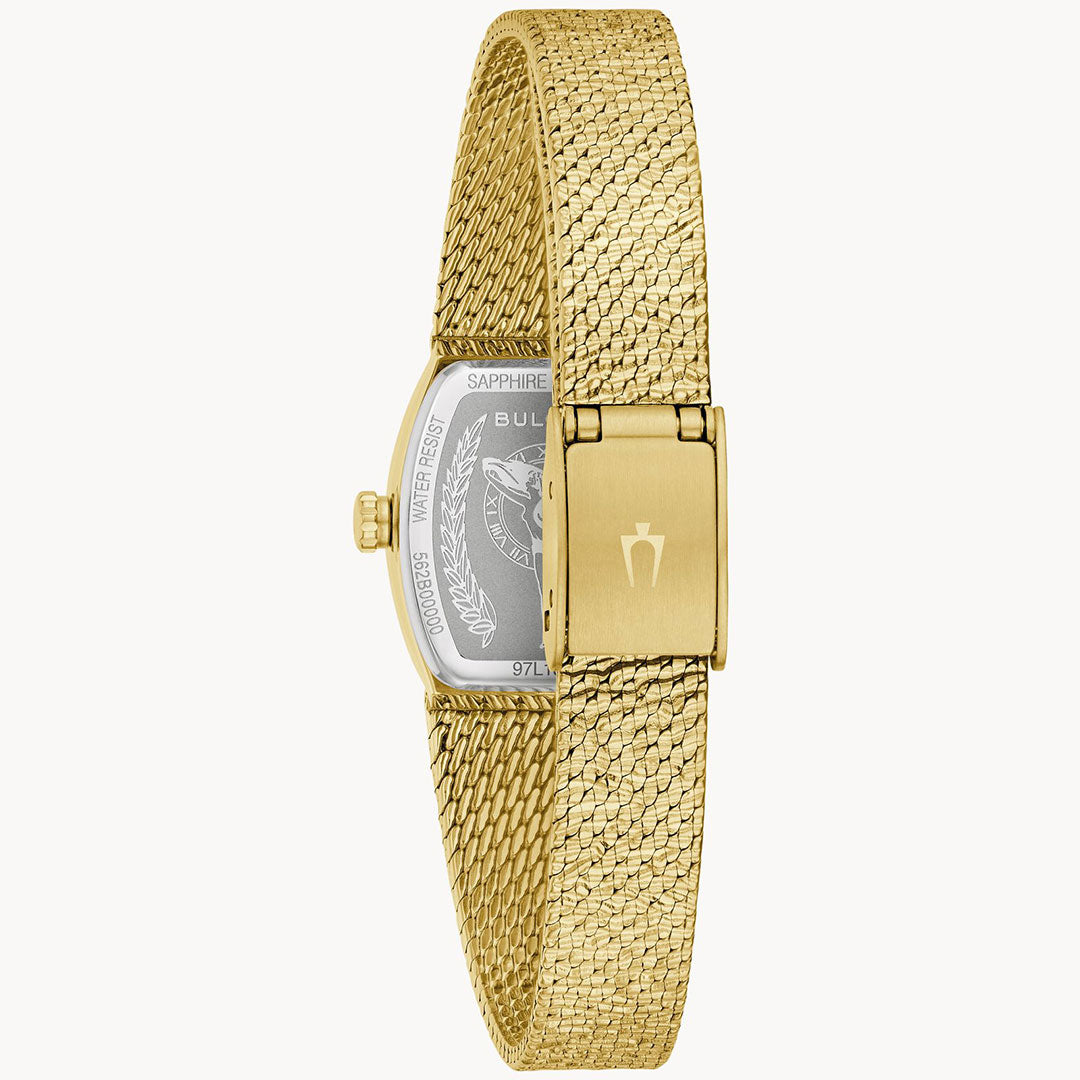 The Bulova Goddess of Time Quartz 17mm Watch features a textured gold mesh band, an engraved clasp, and case back with specifications—capturing the timeless elegance of this vintage Bulova timepiece.