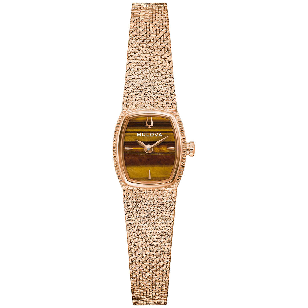 The Bulova Goddess of Time Quartz 17mm Watch features a rectangular face, brown and gold striped dial, and textured mesh bracelet—an elegant vintage-inspired women’s timepiece from Bulova.