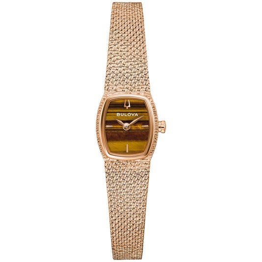 The Bulova Goddess of Time Quartz 17mm Watch features a rectangular face, brown and gold striped dial, and textured mesh bracelet—an elegant vintage-inspired women’s timepiece from Bulova.