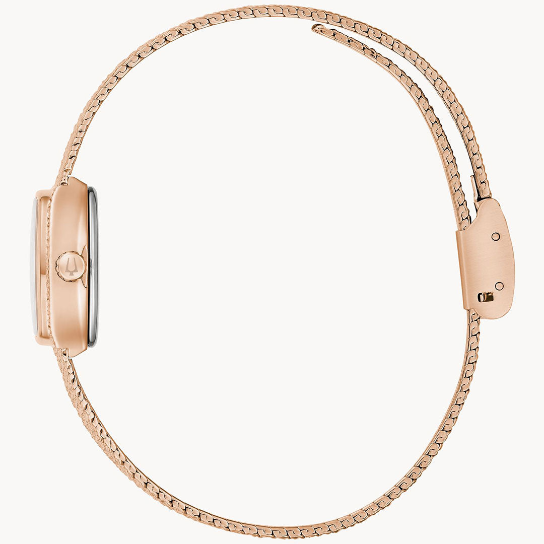 Side view of the Bulova Goddess of Time Quartz 17mm women's watch, featuring a slim gold case with a mesh band and clasp, showcasing its elegant, minimalist vintage design.
