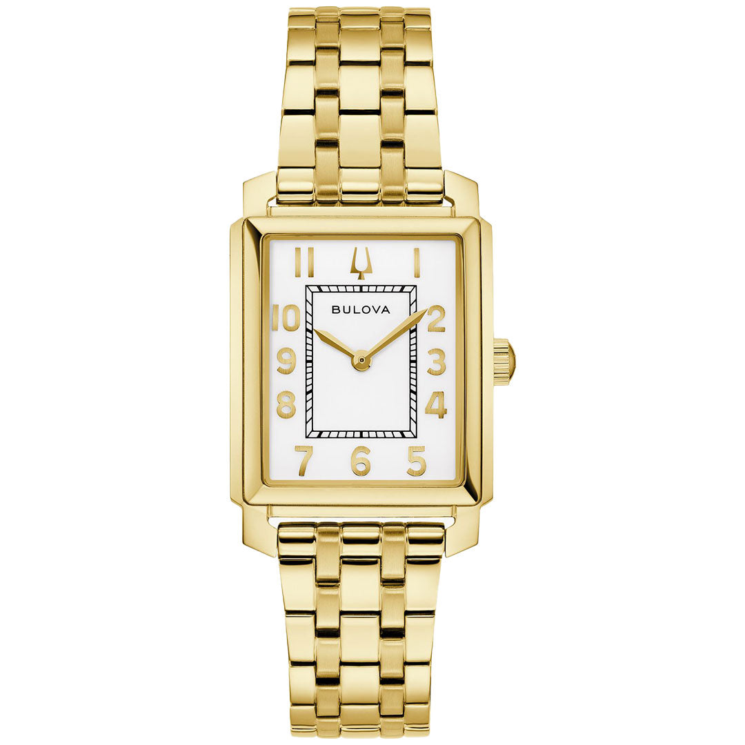 The Bulova Sutton Quartz 25mm Watch features a gold-tone stainless steel case, a rectangular white dial with gold Arabic numerals, and a matching gold link bracelet for elegant, minimalist style.