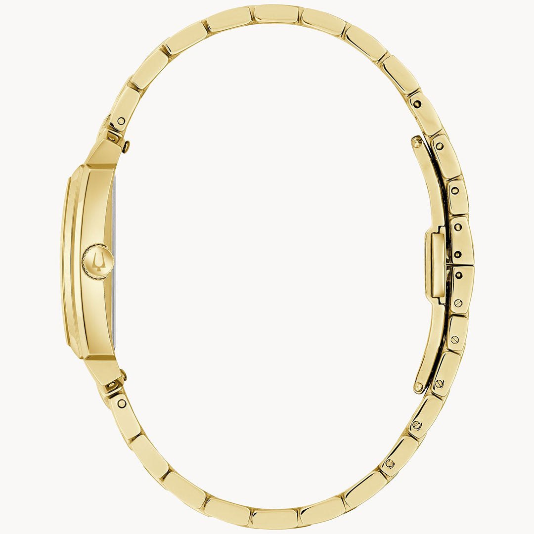 Side view of the Bulova Sutton Quartz 25mm Watch, a women's timepiece featuring a gold-tone stainless steel link band, clasp, slim case profile, and a crown on the left.