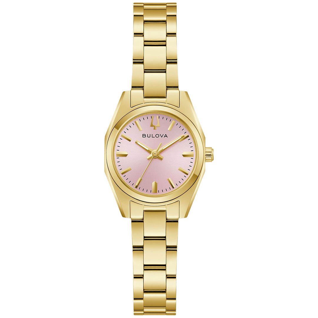 The Bulova Surveyor Quartz 23mm ladies’ watch features a pink dial with gold hour markers and hands, a gold-tone stainless steel link bracelet, and a right-side crown.