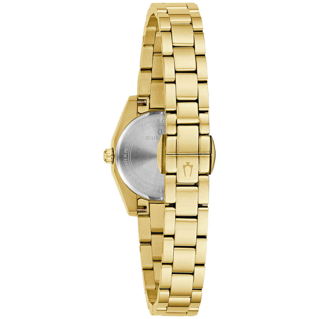 The Bulova Surveyor Quartz 23mm Watch by Bulova features a gold-tone stainless steel linked band, a round silver-tone underside, and an engraved clasp. The polished metal band is reflective and shown from the back.