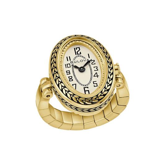The Bulova Ring Quartz 17mm Watch is a vintage gold-tone ladies’ piece with an oval face, black Arabic numerals, decorative bezel, and a flexible coiled band. The hands display 10:09. Brand: Bulova.