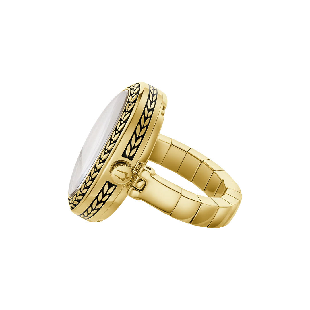 The Bulova Ring Quartz 17mm Watch by Bulova is a vintage gold-tone timepiece with a metal link band and decorative bezel pattern, displayed at an angle on a white background.