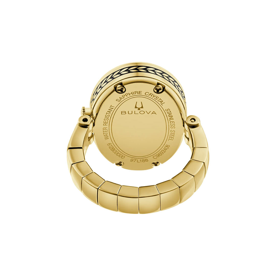 The image shows the back of a Bulova Ring Quartz 17mm Watch in gold-tone with a closed clasp, displaying engraved details such as the Bulova brand name and specifications for water resistance, sapphire crystal, and stainless steel.