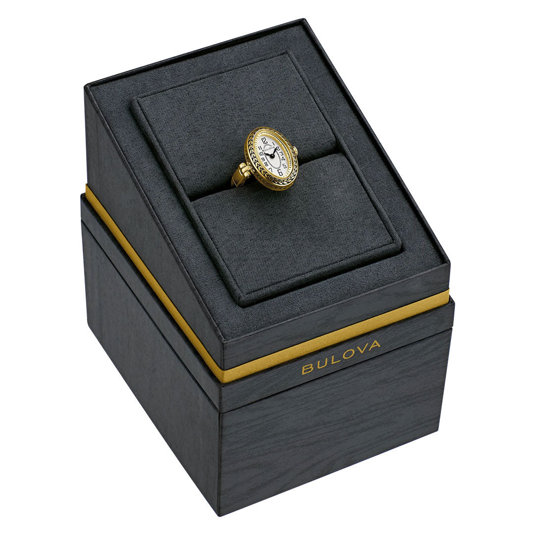 A Bulova Ring Quartz 17mm Watch is displayed upright on a black and gold Bulova jewelry box.